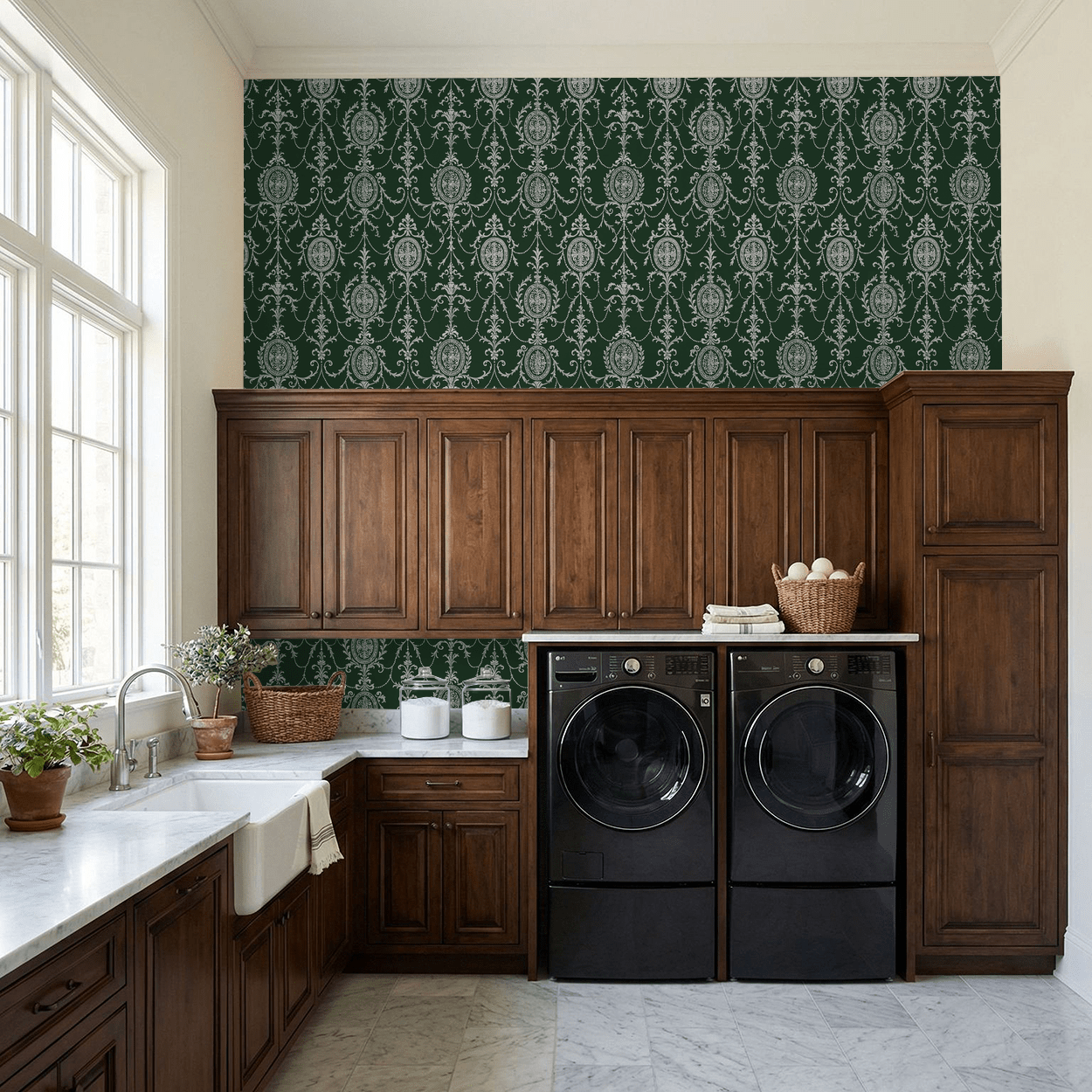 State Room Scroll (Green) Wallpaper