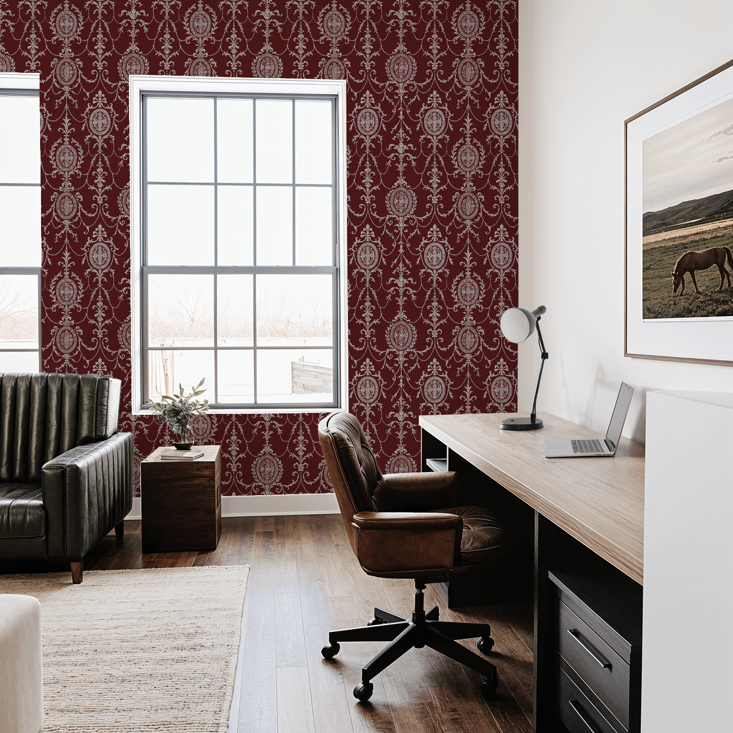 State Room Scroll (Burgundy) Wallpaper