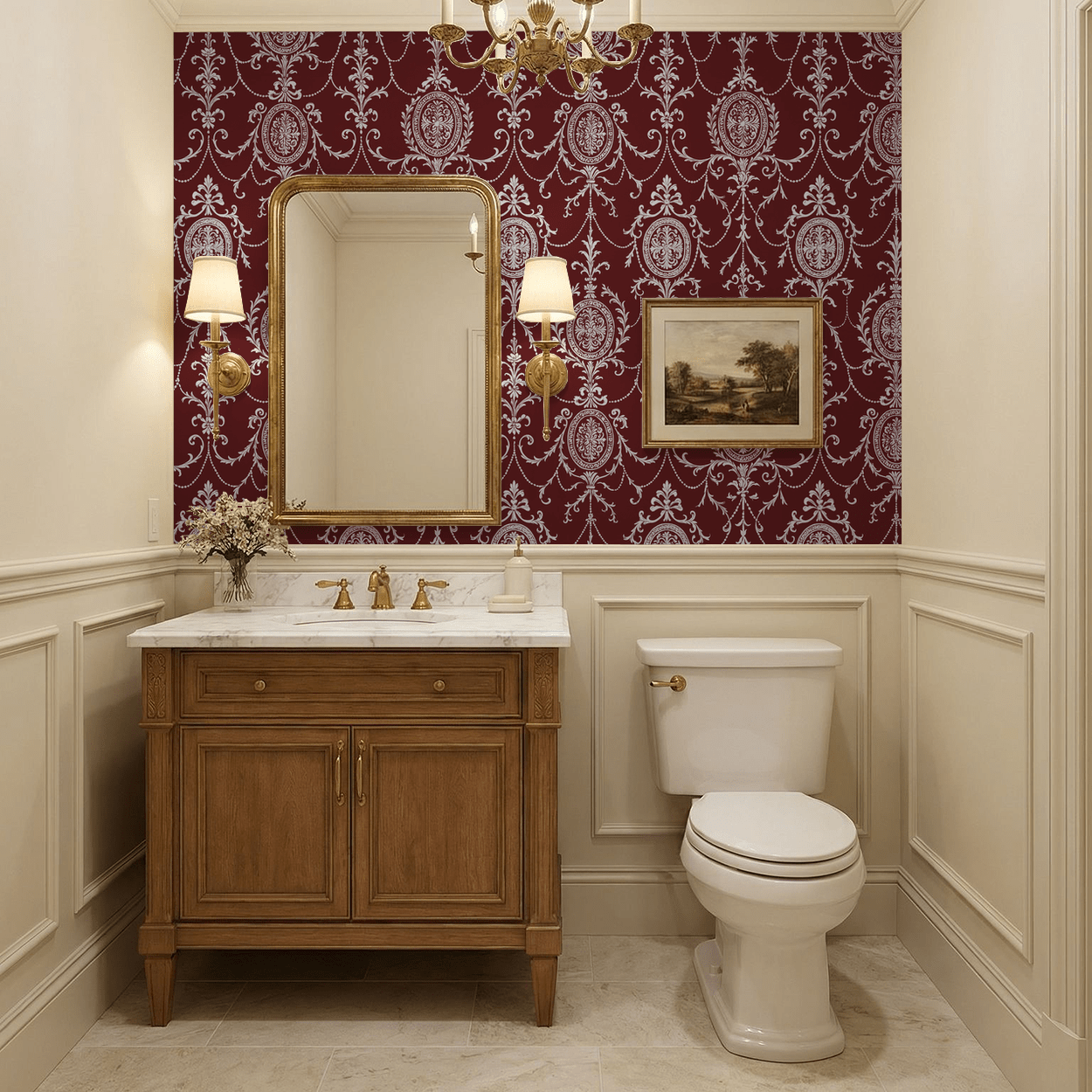 State Room Scroll (Burgundy) Wallpaper