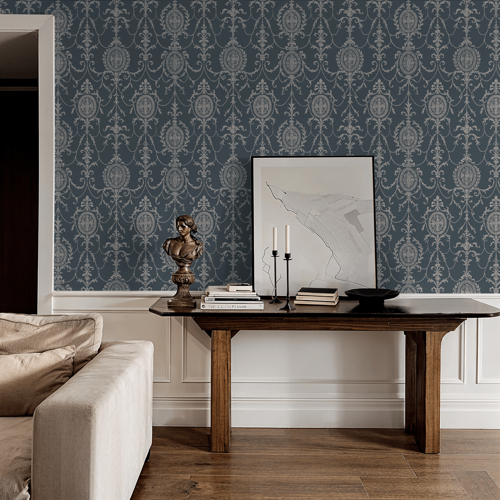 State Room Scroll (Blue) Wallpaper