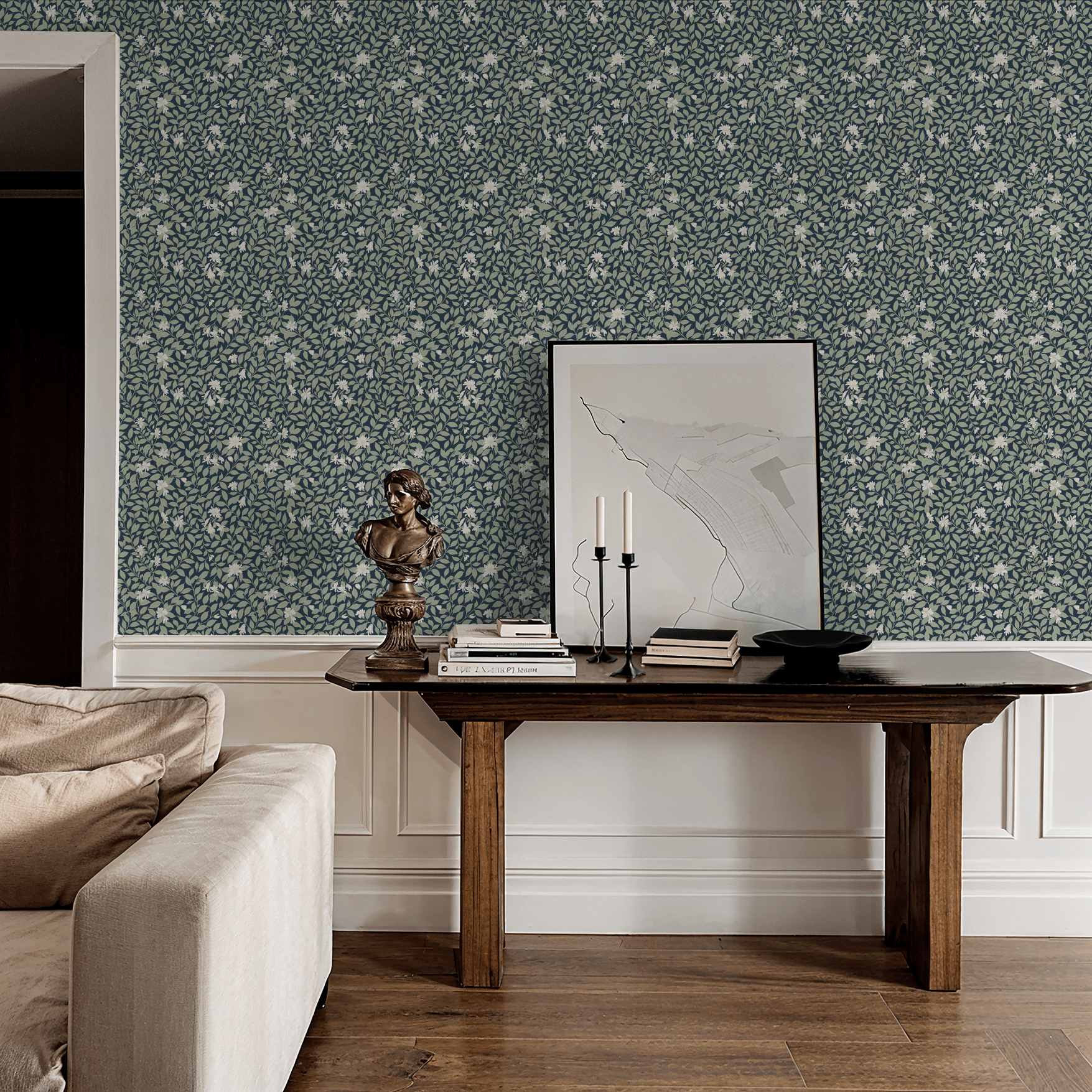 Poppy Honeysuckle Small (Navy) Wallpaper
