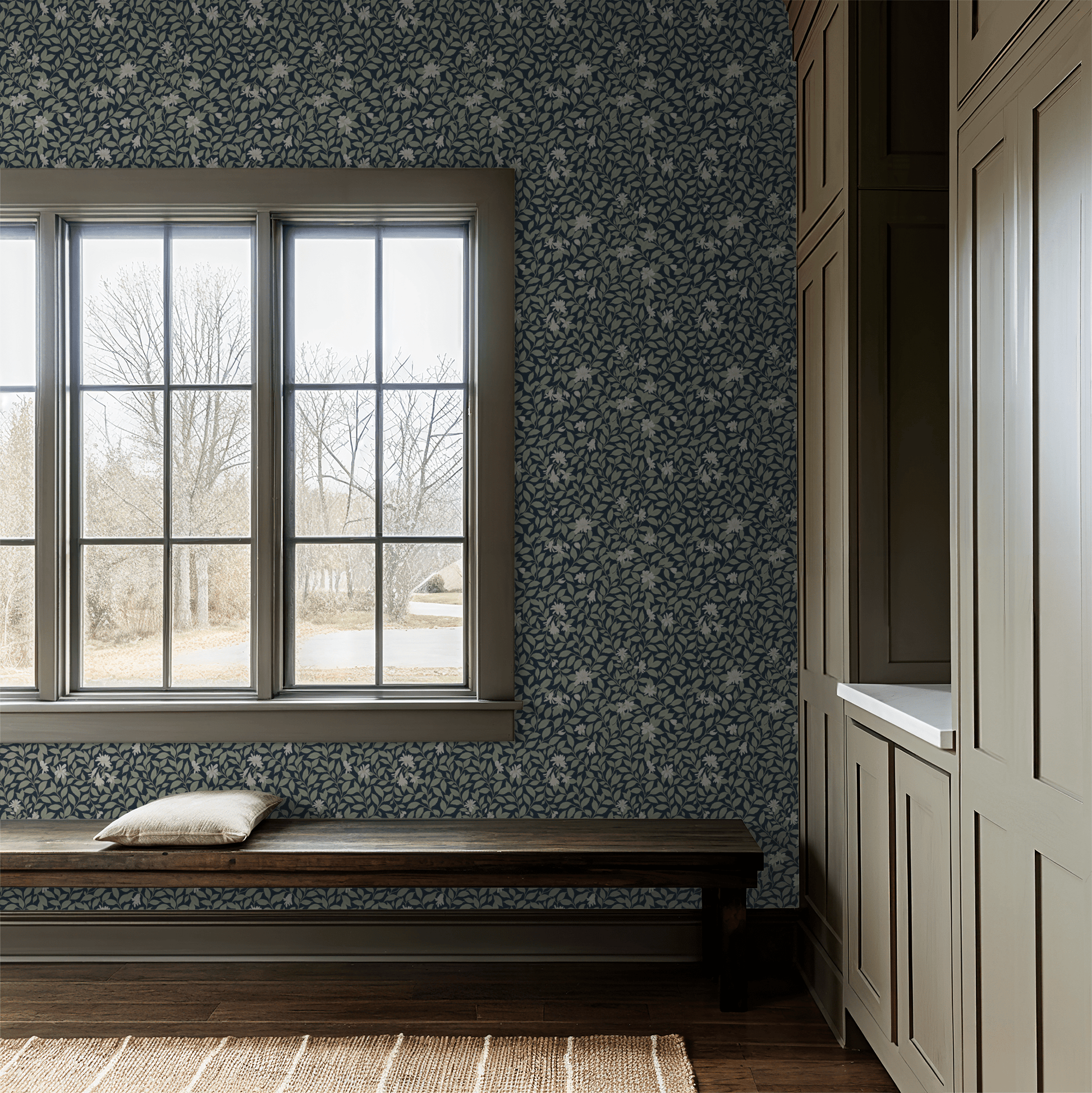 Poppy Honeysuckle Small (Navy) Wallpaper